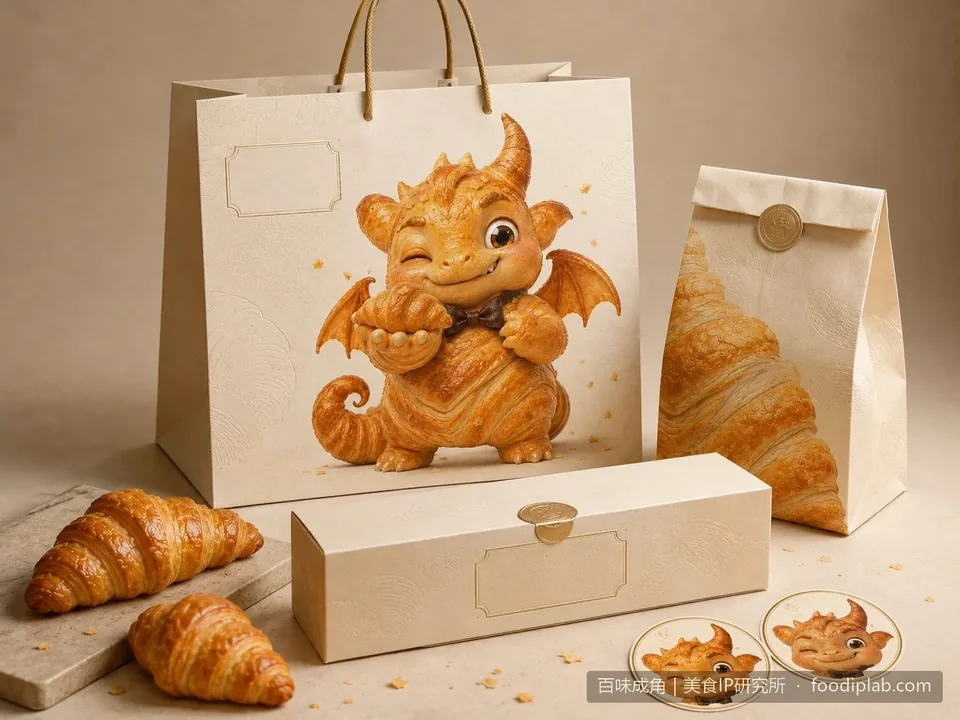 Cream-coloured bakery bags and boxes featuring the Golden Croissant Dragon.