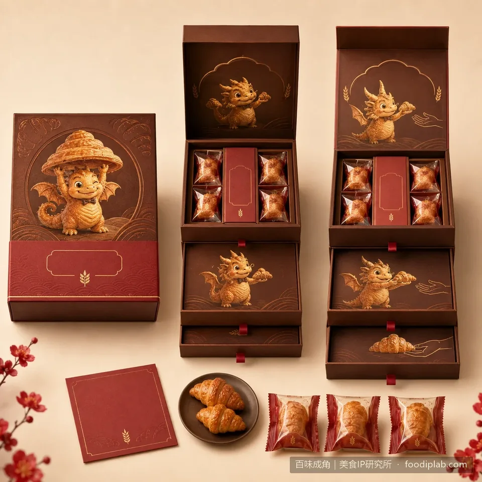 A gift box concept inspired by the Golden Croissant Dragon and layered pastry.